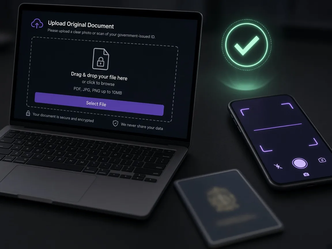 Identity verification upload panel beside a blurred ID card