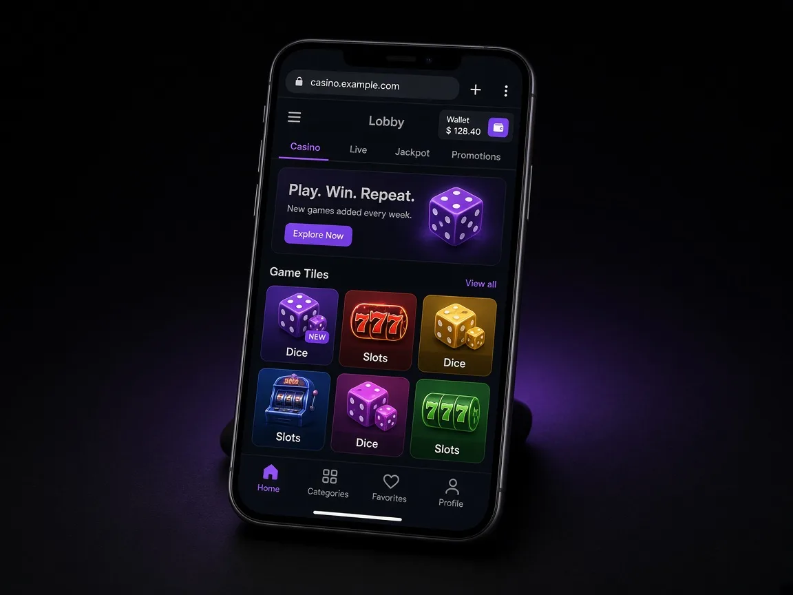 Mobile browser casino lobby on a phone with dice and slots tiles