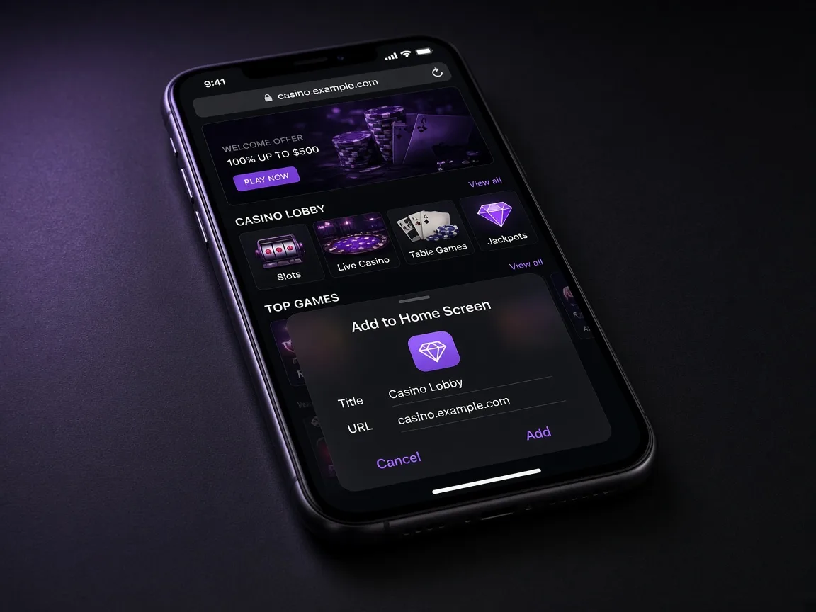 Add to Home Screen shortcut over a mobile casino browser lobby