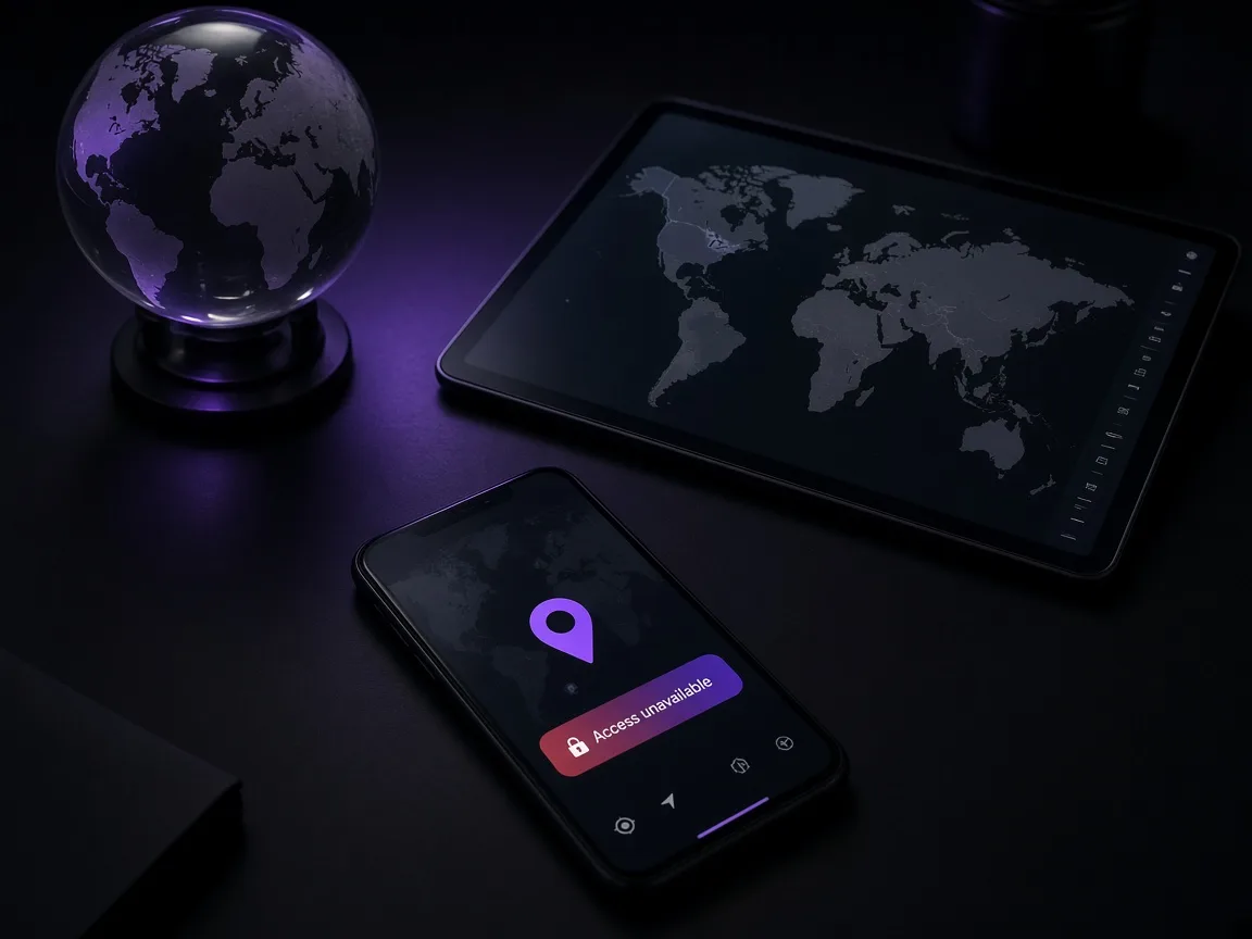 Restricted access banner on a phone beside a globe and world map