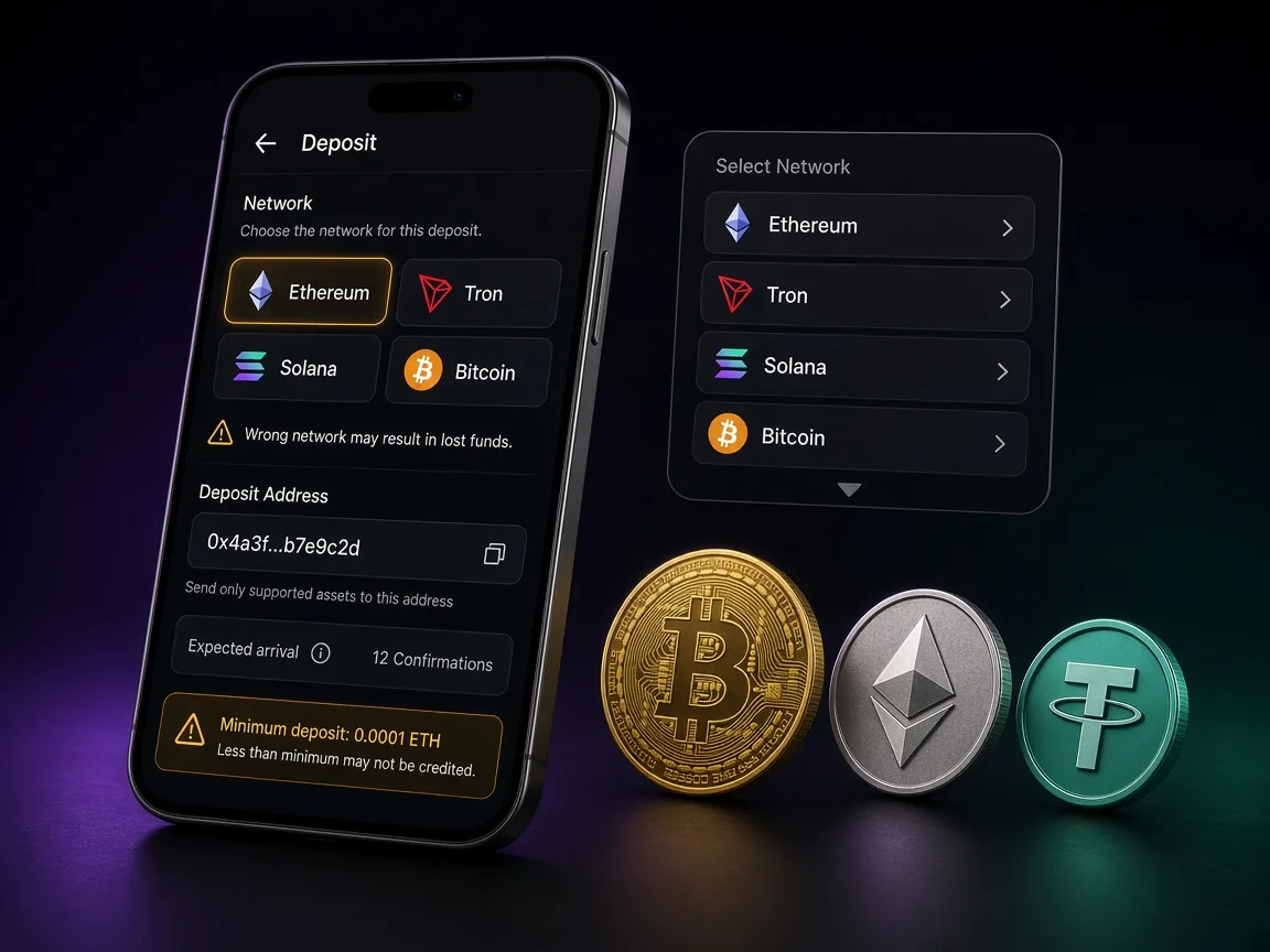 Crypto deposit screen with Ethereum, Tron, Solana and Bitcoin network selection