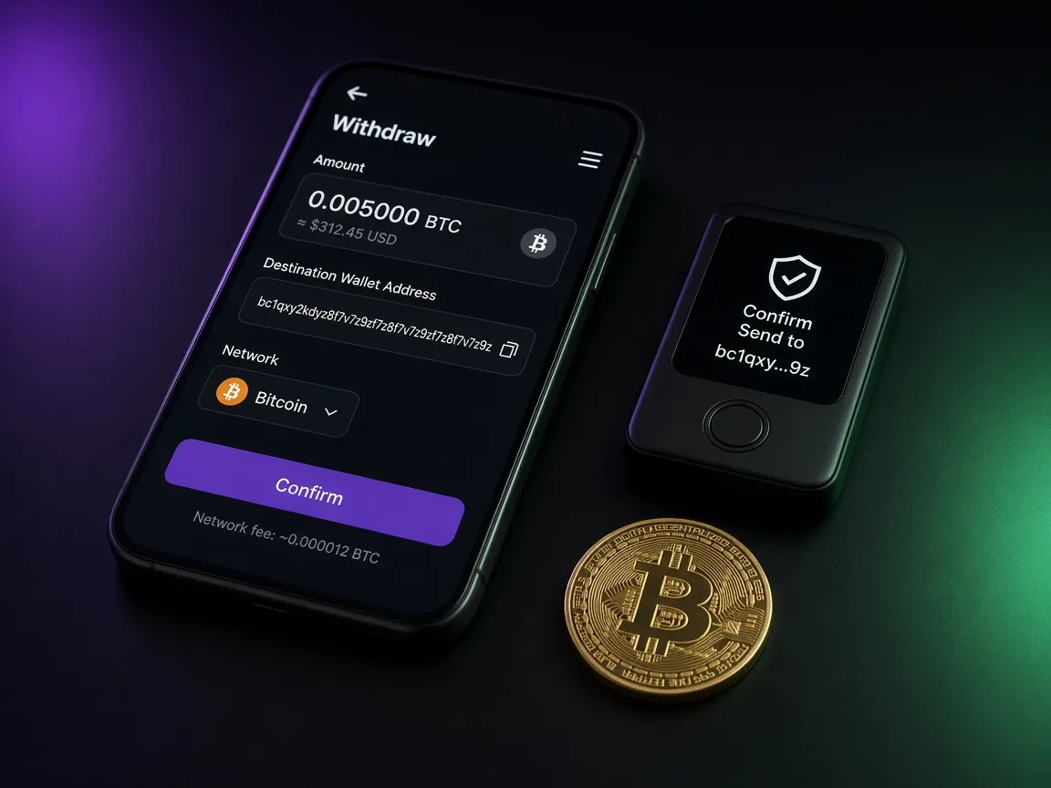 Crypto withdrawal screen with destination address and hardware wallet