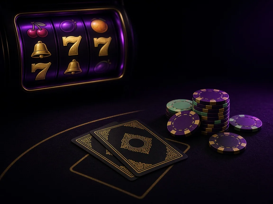 Slot reels and live table cards on a dark surface
