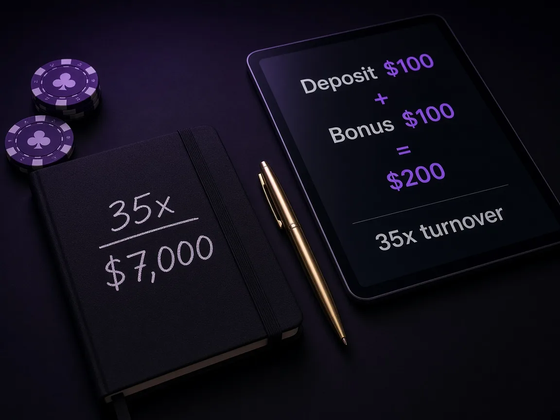 35x wagering calculation on a tablet beside chips and a notebook