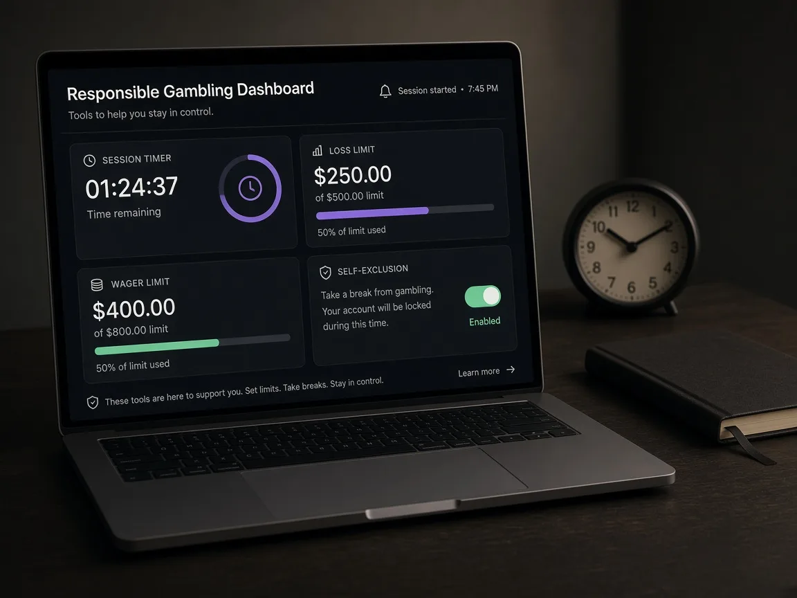 Responsible gambling dashboard with session timer, loss limit and self-exclusion