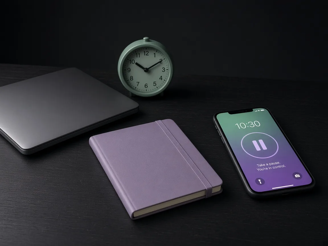 Closed laptop, clock and pause lock screen for taking a break